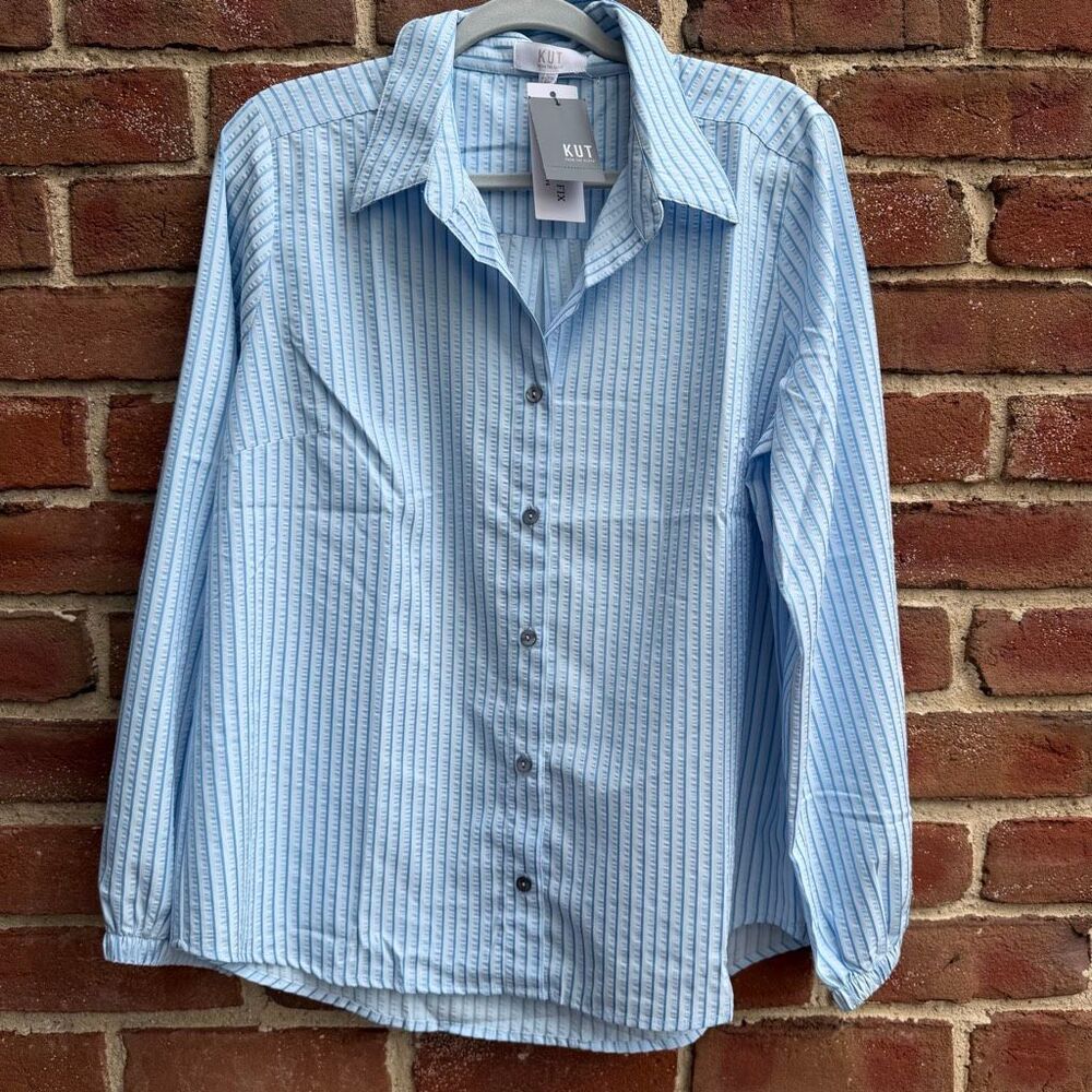 KUT From The Kloth Women's Textured Striped Button-up Fiona Shirt Blue L NWT